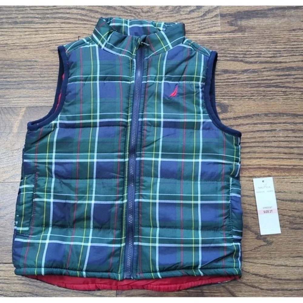 NWT Nautica Puffer Vest Boy's 2T Tartan Green Blue‎ Red Plaid Holiday Christmas